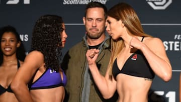 ST. LOUIS, MO - JANUARY 13: (L-R) Talita Bernardo of Brazil and Irene Aldana of Mexico face off during the UFC Fight Night weigh-in on January 13, 2018 in St. Louis, Missouri. (Photo by Josh Hedges/Zuffa LLC/Zuffa LLC via Getty Images)