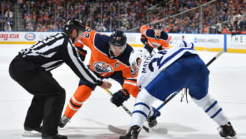 EDMONTON, AB - NOVEMBER 30: Connor McDavid #97 of the Edmonton Oilers takes a face off against Auston Matthews #34 of the Toronto Maple Leafs on November 30, 2017 at Rogers Place in Edmonton, Alberta, Canada. (Photo by Andy Devlin/NHLI via Getty Images)