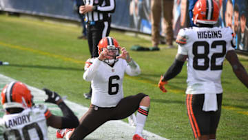Dec 6, 2020; Nashville, Tennessee, USA; Cleveland Browns quarterback Baker Mayfield (6) celebrates with Cleveland Browns wide receiver Jarvis Landry (80) after a touchdown reception by Cleveland Browns wide receiver Rashard Higgins (82) during the first half at Nissan Stadium. Mandatory Credit: Christopher Hanewinckel-USA TODAY Sports