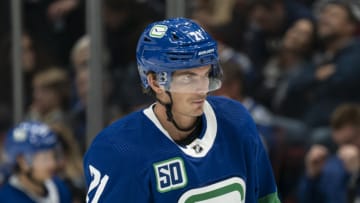 VANCOUVER, BC - NOVEMBER 05: Loui Eriksson #21 of the Vancouver Canucks during NHL action against the St. Louis Blues at Rogers Arena on November 5, 2019 in Vancouver, Canada. (Photo by Rich Lam/Getty Images)