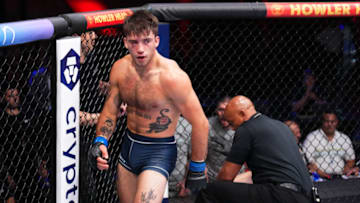 LAS VEGAS, NEVADA - AUGUST 02: Billy Goff reacts after his TKO victory over Shimon Smotritsky of Israel in a welterweight fight during Dana White's Contender Series season six, week two at UFC APEX on August 02, 2022 in Las Vegas, Nevada. (Photo by Chris Unger/Zuffa LLC)