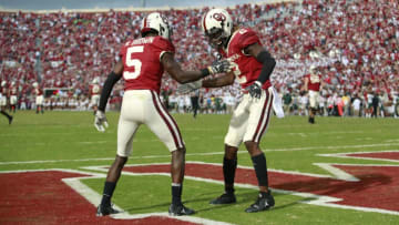 NORMAN, OK - SEPTEMBER 29: Wide receiver CeeDee Lamb #2 and wide receiver Marquise Brown #5 of the Oklahoma Sooners celebrate a touchdown against the Baylor Bears at Gaylord Family Oklahoma Memorial Stadium on September 29, 2018 in Norman, Oklahoma. Oklahoma defeated Baylor 66-33. (Photo by Brett Deering/Getty Images)