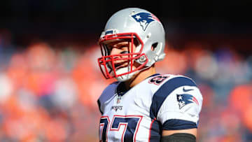 Jan 24, 2016; Denver, CO, USA; New England Patriots tight end Rob Gronkowski (87) against the Denver Broncos in the AFC Championship football game at Sports Authority Field at Mile High. Mandatory Credit: Mark J. Rebilas-USA TODAY Sports