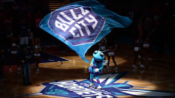CHARLOTTE, UNITED STATES - FEBRUARY 13: Mascot Hugo is waving a giant Buzz City flag before the NBA match between Philadelphia 76ers vs Charlotte Hornets at the Spectrum arena in Charlotte, NC, USA on February 13, 2017. (Photo by Peter Zay/Anadolu Agency/Getty Images)