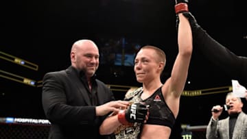 BROOKLYN, NEW YORK - APRIL 07: Rose Namajunas celebrates after her victory over Joanna Jedrzejczyk in their women's strawweight title bout during the UFC 223 event inside Barclays Center on April 7, 2018 in Brooklyn, New York. (Photo by Jeff Bottari/Zuffa LLC/Zuffa LLC via Getty Images)
