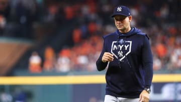 HOUSTON, TEXAS - OCTOBER 13: Manager Aaron Boone of the New York Yankees reacts during the fifth inning against the Houston Astros in game two of the American League Championship Series at Minute Maid Park on October 13, 2019 in Houston, Texas. (Photo by Mike Ehrmann/Getty Images)