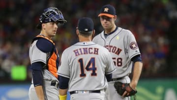 Sep 2, 2016; Arlington, TX, USA; Houston Astros manager A.J. Hinch (14) makes a pitching change to relieve Houston Astros starting pitcher Doug Fister (58) in the fourth inning against the Texas Rangers at Globe Life Park in Arlington. Mandatory Credit: Sean Pokorny-USA TODAY Sports