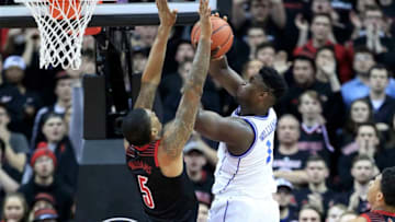 LOUISVILLE, KENTUCKY - FEBRUARY 12: Zion Williamson #1 of the Duke Blue Devils shoots the ball against the Louisville Cardinals at KFC YUM! Center on February 12, 2019 in Louisville, Kentucky. (Photo by Andy Lyons/Getty Images)