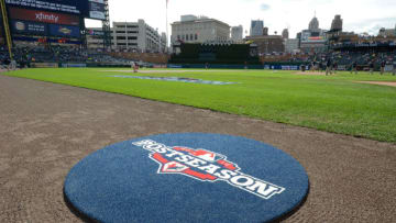 DETROIT, MI - OCTOBER 07: A general view of the special Postseason logos displayed on the field prior to Game Two of the American League Division Series between the Detroit Tigers and the Oakland Athletics at Comerica Park on October 7, 2012 in Detroit, Michigan. The Tigers defeated the A's 5-4. (Photo by Mark Cunningham/MLB Photos via Getty Images)