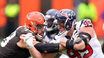 CLEVELAND, OHIO - NOVEMBER 15: J.J. Watt #99 of the Houston Texans battles with Jack Conklin #78 of the Cleveland Browns during the first half at FirstEnergy Stadium on November 15, 2020 in Cleveland, Ohio. (Photo by Jason Miller/Getty Images)