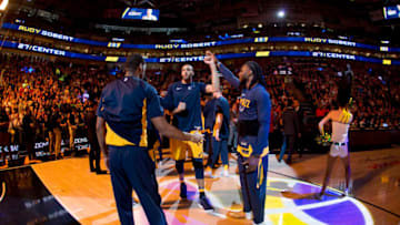SALT LAKE CITY, UT - APRIL 5: Rudy Gobert #27 of the Utah Jazz is introduced prior to the game against the LA Clippers on April 5, 2018 at vivint.SmartHome Arena in Salt Lake City, Utah. NOTE TO USER: User expressly acknowledges and agrees that, by downloading and or using this Photograph, User is consenting to the terms and conditions of the Getty Images License Agreement. Mandatory Copyright Notice: Copyright 2018 NBAE (Photo by Melissa Majchrzak/NBAE via Getty Images)