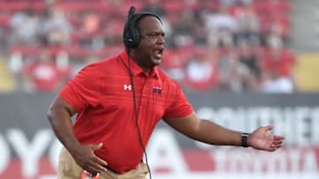 LAS VEGAS, NV - SEPTEMBER 02: Head coach Mike London of the Howard Bison reacts after a play against the UNLV Rebels during their game at Sam Boyd Stadium on September 2, 2017 in Las Vegas, Nevada. Howard won 43-40. (Photo by David J. Becker/Getty Images)