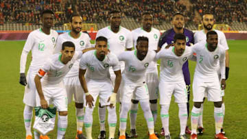 BRUSSELS, BELGIUM - MARCH 27: The Saudi Arabia team line up during the international friendly match between Belgium and Saudi Arabia at the King Baudouin Stadium on March 27, 2018 in Brussels, Belgium. (Photo by David Rogers/Getty Images)