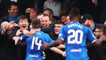 HAMILTON, SCOTLAND - OCTOBER 21: Ryan Kent of Rangers celebrates with team mates and supporters after he scores his team's opening goal during the Scottish Ladbrokes Premiership match between Hamilton Academicals and Rangers at New Douglas Park on October 21, 2018 in Hamilton, Scotland. (Photo by Ian MacNicol/Getty Images)