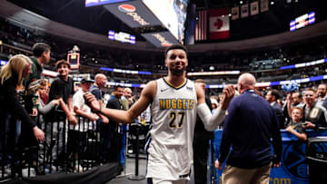 DENVER, CO - APRIL 9: Jamal Murray (27) of the Denver Nuggets smiles as he walks off the court after the second half of the Nuggets' 88-82 win over the Portland Trail Blazers on Monday, April 9, 2018. (Photo by AAron Ontiveroz/The Denver Post via Getty Images)