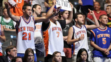 Jun 27, 2013; Brooklyn, NY, USA; New York Knicks fans cheer after Tim Hardaway Jr. (not pictured) was selected as the number twenty-four overall pick to the Knicks during the 2013 NBA Draft at the Barclays Center. Mandatory Credit: Joe Camporeale-USA TODAY Sports