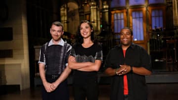 SATURDAY NIGHT LIVE -- Episode 1727 -- Pictured: (l-r) Musical Guest Sam Smith, Host Actress Gal Gadot, and Kenan Thompson during a promo in Studio 8H -- (Photo by: Rosalind O'Connor/NBC/NBCU Photo Bank via Getty Images)