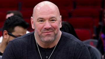 HOUSTON, TEXAS - FEBRUARY 10: Dana White President of the Ultimate Fighting Championship attends a game between the Houston Rockets and the Toronto Raptors at Toyota Center on February 10, 2022 in Houston, Texas. NOTE TO USER: User expressly acknowledges and agrees that, by downloading and or using this photograph, User is consenting to the terms and conditions of the Getty Images License Agreement. (Photo by Carmen Mandato/Getty Images)