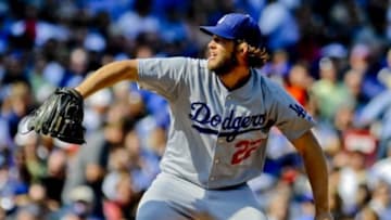 Sep 19, 2014; Chicago, IL, USA; Los Angeles Dodgers starting pitcher Clayton Kershaw (22) delivers against the Chicago Cubs in the first inning at Wrigley Field. Mandatory Credit: Matt Marton-USA TODAY Sports