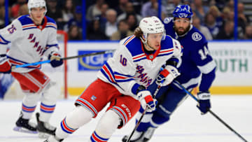TAMPA, FLORIDA - NOVEMBER 14: Artemi Panarin #10 of the New York Rangers looks to pass during a game against the Tampa Bay Lightning at Amalie Arena on November 14, 2019 in Tampa, Florida. (Photo by Mike Ehrmann/Getty Images)
