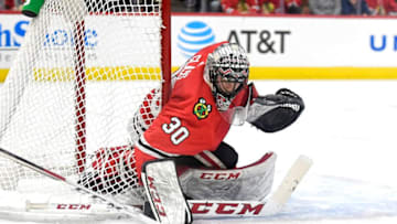 CHICAGO, IL - JANUARY 05: Chicago Blackhawks goaltender Jeff Glass (30) blocks a shot during a game between the Chicago Blackhawks and the Vegas Golden Knights on January 05, 2018, at the United Center in Chicago, IL. (Photo by Robin Alam/Icon Sportswire via Getty Images)