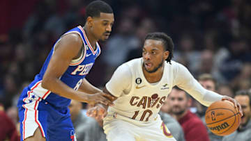 Oct 10, 2022; Cleveland, Ohio, USA; Philadelphia 76ers guard De'Anthony Melton (8) defends Cleveland Cavaliers guard Darius Garland (10) in the second quarter at Rocket Mortgage FieldHouse. Mandatory Credit: David Richard-USA TODAY Sports