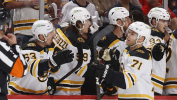 SUNRISE, FL - APRIL 21: Teammates congratulate Taylor Hall #71 of the Boston Bruins after he scored a first period goal against the Florida Panthers in Game Three of the First Round of the 2023 Stanley Cup Playoffs at the FLA Live Arena on April 21, 2023 in Sunrise, Florida. (Photo by Joel Auerbach/Getty Images)