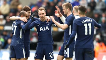 SWANSEA, WALES - MARCH 17: Christian Eriksen of Tottenham Hotspur celebrates after scoring his sides third goal with his team mates during The Emirates FA Cup Quarter Final match between Swansea City and Tottenham Hotspur at Liberty Stadium on March 17, 2018 in Swansea, Wales. (Photo by Catherine Ivill/Getty Images)
