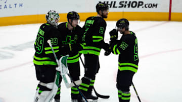 Apr 13, 2023; Dallas, Texas, USA; The Dallas Stars celebrate their victory over the St. Louis Blues during the third period at American Airlines Center. Mandatory Credit: Chris Jones-USA TODAY Sports