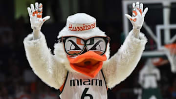 Nov 11, 2016; Coral Gables, FL, USA; Miami Hurricanes mascot Sebastian performs during a time out in the game between the Miami Hurricanes and the Western Carolina Catamounts in the second half at Watsco Center. The Miami Hurricanes defeat the Western Carolina Catamounts 92-43. Mandatory Credit: Jasen Vinlove-USA TODAY Sports