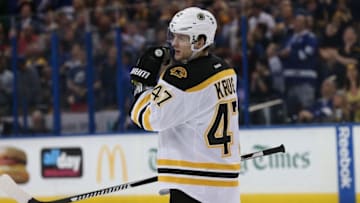 Mar 8, 2016; Tampa, FL, USA; Boston Bruins defenseman Torey Krug (47) during the second period at Amalie Arena. Mandatory Credit: Kim Klement-USA TODAY Sports