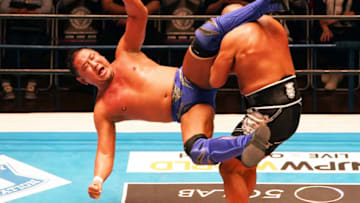 TOKYO, JAPAN - JULY 01: Yuji Nagata takes on Tomohiro Ishii during the New Japan Pro-Wrestling at Korakuen Hall on July 01, 2021 in Tokyo, Japan. (Photo by Etsuo Hara/Getty Images)