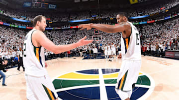 SALT LAKE CITY, UT - APRIL 23: Joe Ingles #2 and Derrick Favors #15 of the Utah Jazz high five each other after the game against the LA Clippers in Game Four during the Western Conference Quarterfinals of the 2017 NBA Playoffs on April 23, 2017 at Vivint Smart Home Arena in Salt Lake City, Utah. NOTE TO USER: User expressly acknowledges and agrees that, by downloading and or using this Photograph, User is consenting to the terms and conditions of the Getty Images License Agreement. Mandatory Copyright Notice: Copyright 2017 NBAE (Photo by Andrew D. Bernstein/NBAE via Getty Images)