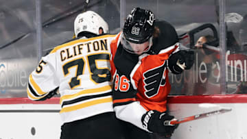 Connor Clifton, Boston Bruins and Joel Farabee, Philadelphia Flyers (Photo by Bruce Bennett/Getty Images)