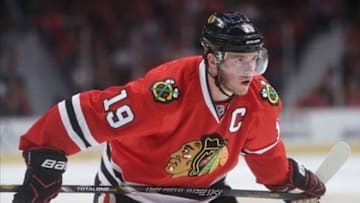 May 18, 2013; Chicago, IL, USA; Chicago Blackhawks center Jonathan Toews (19) in the third period of game two of the second round of the 2013 Stanley Cup Playoffs against the Detroit Red Wings at the United Center. The Red Wings won 4-1. Mandatory Credit: Jerry Lai-USA TODAY Sports