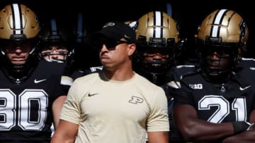 Purdue Boilermakers head coach Ryan Walters waits to take the field ahead of the NCAA football game against the Illinois Fighting Illini, Saturday, Sept. 30, 2023, at Ross-Ade Stadium in West Lafayette, Ind.