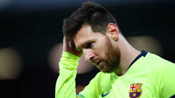 LIVERPOOL, ENGLAND - MAY 07: Lionel Messi of Barcelona looks thoughtful during the UEFA Champions League Semi Final second leg match between Liverpool and Barcelona at Anfield on May 07, 2019 in Liverpool, England. (Photo by Clive Brunskill/Getty Images)