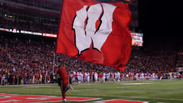 LINCOLN, NE - OCTOBER 07: A cheerleader for the Wisconsin Badgers celebrates a score against the Nebraska Cornhuskers at Memorial Stadium on October 7, 2017 in Lincoln, Nebraska. (Photo by Steven Branscombe/Getty Images)