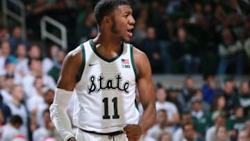 EAST LANSING, MI - DECEMBER 03: AAron Henry #11 of the Michigan State Spartans reacts to a call during a game against the Iowa Hawkeyes at Breslin Center on December 3, 2018 in East Lansing, Michigan. (Photo by Rey Del Rio/Getty Images)