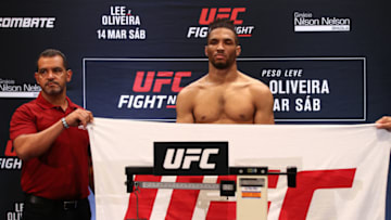 BRASILIA, BRAZIL - MARCH 13: Kevin Lee of the United States poses on the scale during the UFC Fight Night Lee v Oliveira weigh-in at Windsor Plaza Hotel on March 13, 2020 in Brasilia, Brazil. (Photo by Buda Mendes/Zuffa LLC)
