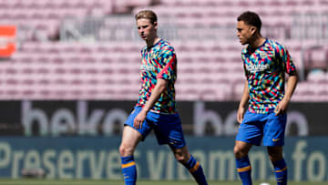 BARCELONA, SPAIN - MAY 8: (L-R) Frenkie de Jong of FC Barcelona, Sergino Dest of FC Barcelona during the La Liga Santander match between FC Barcelona v Atletico Madrid at the Camp Nou on May 8, 2021 in Barcelona Spain (Photo by David S. Bustamante/Soccrates/Getty Images)