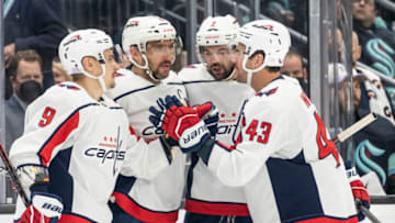 Dmitry Orlov, Justin Schultz, Tom Wilson, Alex Ovechkin, Washington Capitals Mandatory Credit: Stephen Brashear-USA TODAY Sports