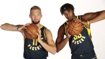 INDIANAPOLIS - SEPTEMBER 24: Domantas Sabonis #11 and Myles Turner #33 of the Indiana Pacers pose for a head shot during the Pacers Media Day on September 24, 2018 in Indianapolis, Indiana. NOTE TO USER: User expressly acknowledges and agrees that, by downloading and or using this Photograph, user is consenting to the terms and condition of the Getty Images License Agreement. Mandatory Copyright Notice: 2018 NBAE (Photo by Ron Hoskins/NBAE via Getty Images)