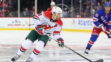 NEWARK, NJ - NOVEMBER 30: New Jersey Devils left wing Taylor Hall (9) skates during the first period of the National Hockey League game between the New Jersey Devils and the New York Rangers on November 30, 2019 at the Prudential Center in Newark, NJ. (Photo by Rich Graessle/Icon Sportswire via Getty Images)