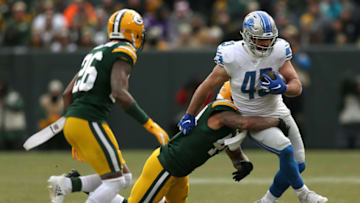 GREEN BAY, WISCONSIN - DECEMBER 30: Nick Bellore #43 of the Detroit Lions is tackled by Antonio Morrison #44 of the Green Bay Packers during the second half of a game at Lambeau Field on December 30, 2018 in Green Bay, Wisconsin. (Photo by Dylan Buell/Getty Images)