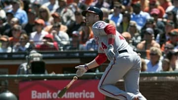 May 22, 2013; San Francisco, CA, USA; Washington Nationals left fielder Bryce Harper (34) watches a home run hit off of San Francisco Giants starting pitcher Madison Bumgarner (not pictured) during the sixth inning at AT