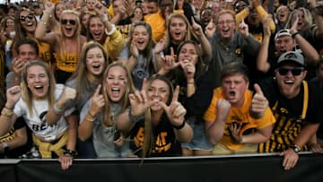 IOWA CITY, IOWA- SEPTEMBER 08: Fans of the Iowa Hawkeyes chant after the match-up against the Iowa State Cyclones on September 8, 2018 at Kinnick Stadium, in Iowa City, Iowa. (Photo by Matthew Holst/Getty Images)
