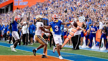 Florida Gators wide receiver Eugene Wilson III (3) runs with the ball for a touchdown during the second half against the Vanderbilt Commodores at Steve Spurrier Field at Ben Hill Griffin Stadium in Gainesville, FL on Saturday, October 7, 2023. [Matt Pendleton/Gainesville Sun]