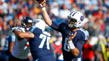 NASHVILLE, TN - DECEMBER 03: Marcus Mariota #8 of the Tennessee Titans throws a pass against the Houston Texans during the first half at Nissan Stadium on December 3, 2017 in Nashville, Tennessee. (Photo by Wesley Hitt/Getty Images)