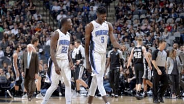 SAN ANTONIO, TX - NOVEMBER 4: Jerian Grant #22 and Mohamed Bamba #5 of the Orlando Magic talk during the game against the San Antonio Spurs on November 4, 2018 at the AT&T Center in San Antonio, Texas. NOTE TO USER: User expressly acknowledges and agrees that, by downloading and/or using this photograph, user is consenting to the terms and conditions of the Getty Images License Agreement. Mandatory Copyright Notice: Copyright 2018 NBAE (Photos by Mark Sobhani/NBAE via Getty Images)